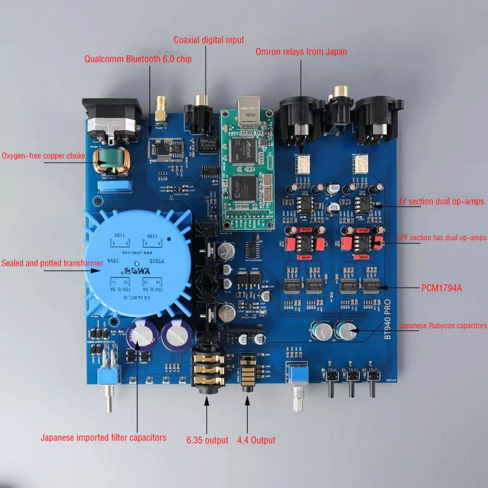 Rodyu BT940 Bluetooth 6.2 USB Sound Card with 4 Parallel PCM1794 Decoder, Optical and Coaxial DAC Headphone Amplifier