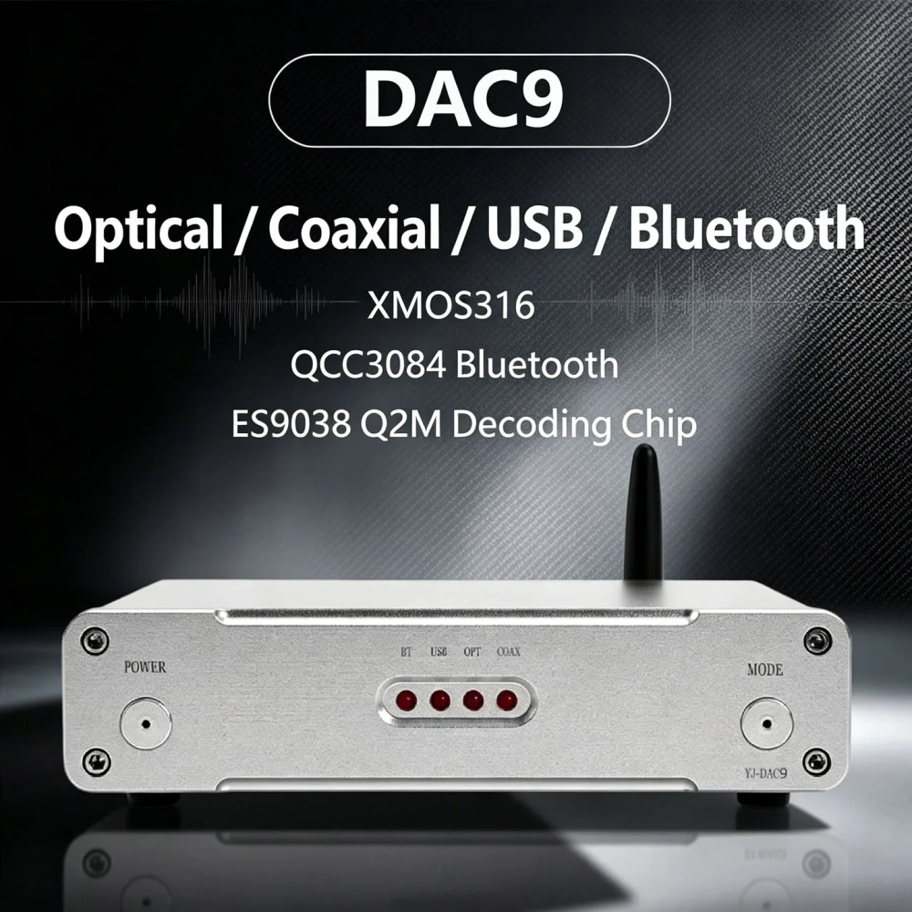 YJCO ES9038 Q2M DAC Decoder XMOS316 USB Bluetooth QCC3034 Optical Coaxial Audio Receiver Support DSD256 PCM384kHz DAC9