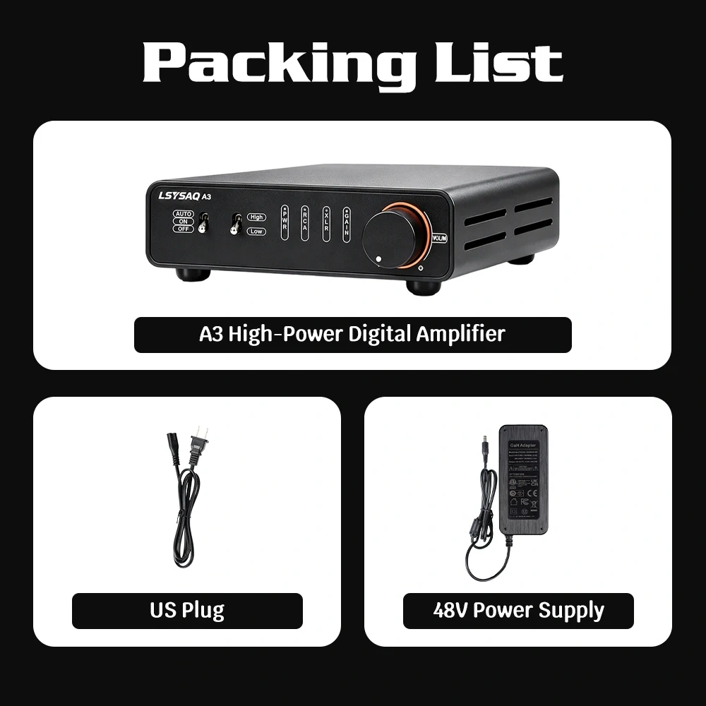 LSYSAQ A3 HiFi Stereo Digital Power Amplifier TPA3255 Class D Amp 250W×2 RCA XLR 6.35mm Input Desktop Audio Amplifier