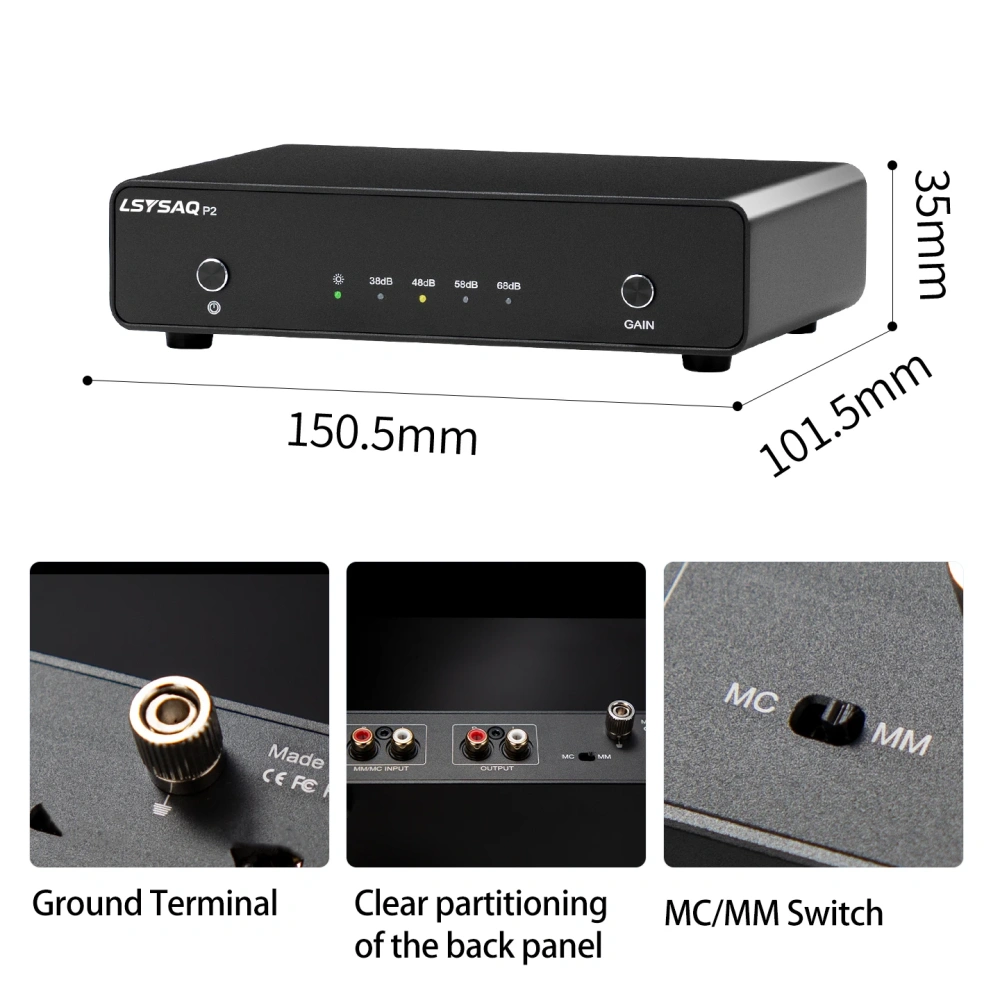 LSYSAQ P2 HiFi MM MC Phono Preamplifier Headphone Amplifier RCA Vinyl Record Player Preamp 38/48/58/68dB Gain AC16V For Home