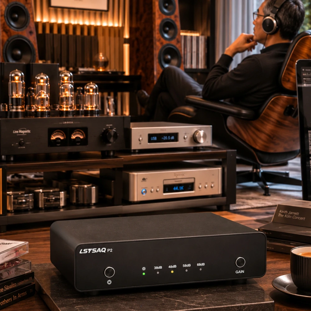 LSYSAQ P2 HiFi MM MC Phono Preamplifier Headphone Amplifier RCA Vinyl Record Player Preamp 38/48/58/68dB Gain AC16V For Home