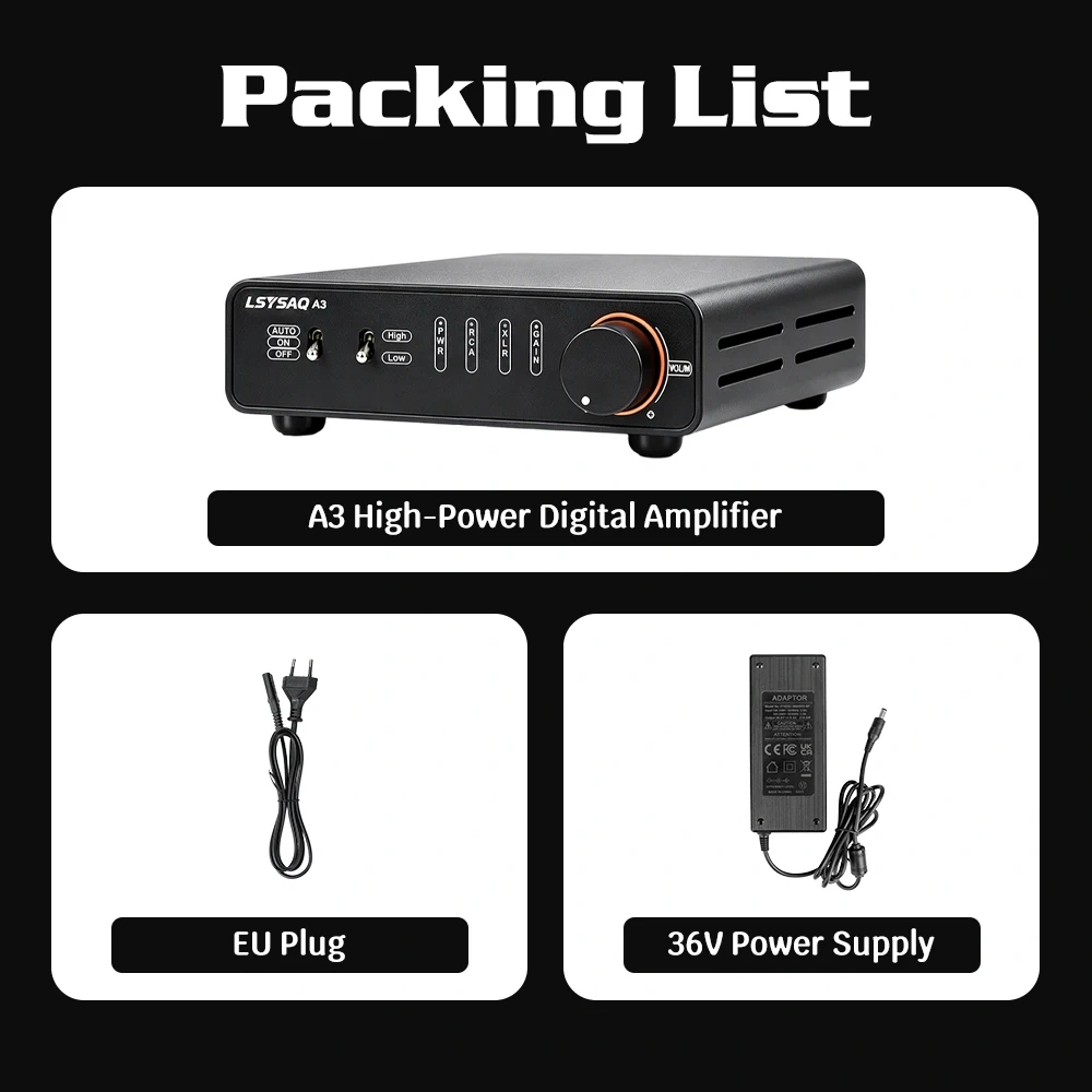 LSYSAQ A3 HiFi Stereo Digital Power Amplifier TPA3255 Class D Amp 250W×2 RCA XLR 6.35mm Input Desktop Audio Amplifier
