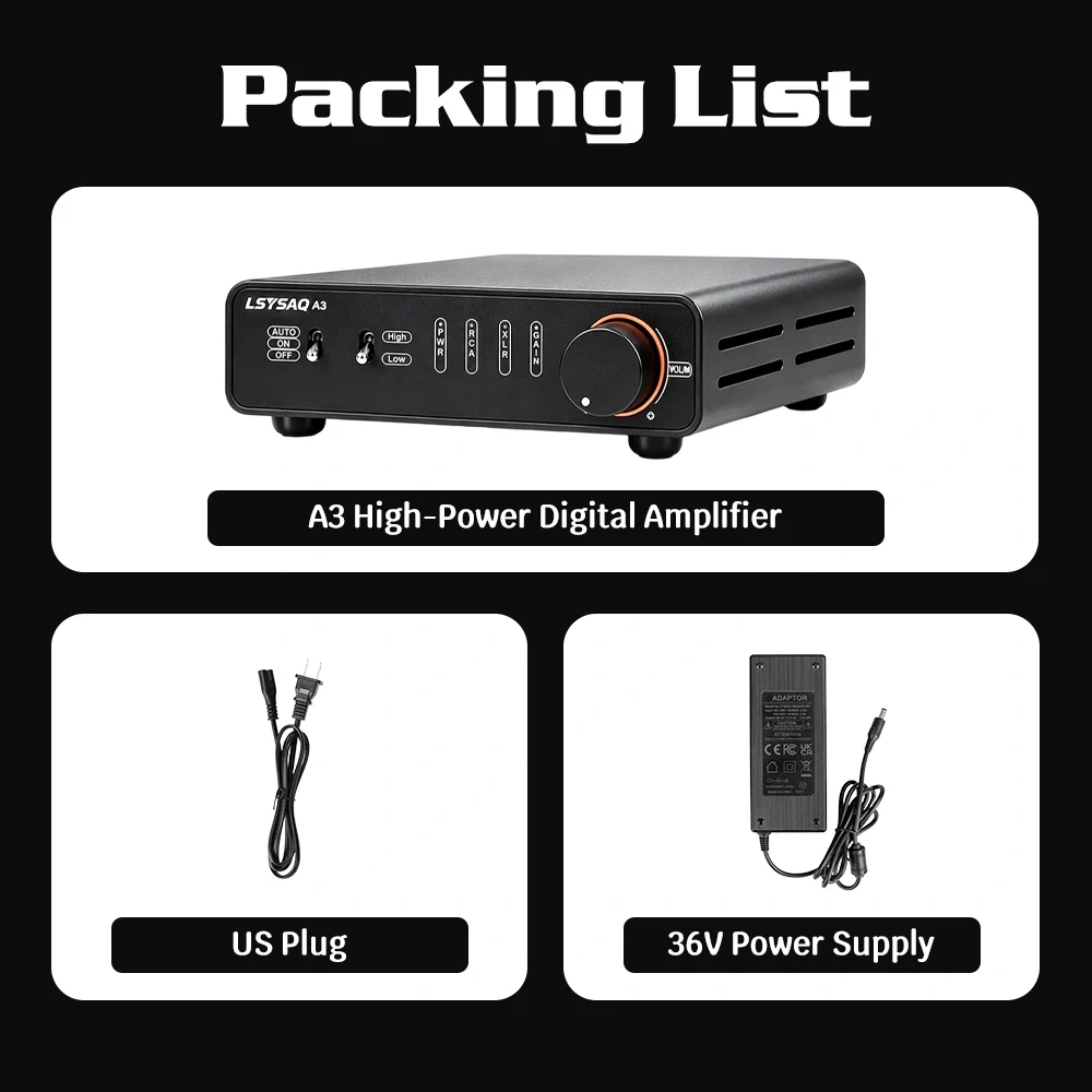 LSYSAQ A3 HiFi Stereo Digital Power Amplifier TPA3255 Class D Amp 250W×2 RCA XLR 6.35mm Input Desktop Audio Amplifier