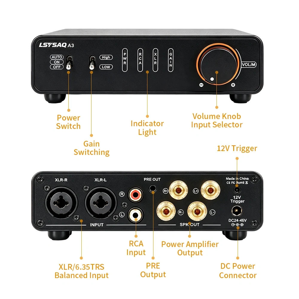 LSYSAQ A3 HiFi Stereo Digital Power Amplifier TPA3255 Class D Amp 250W×2 RCA XLR 6.35mm Input Desktop Audio Amplifier