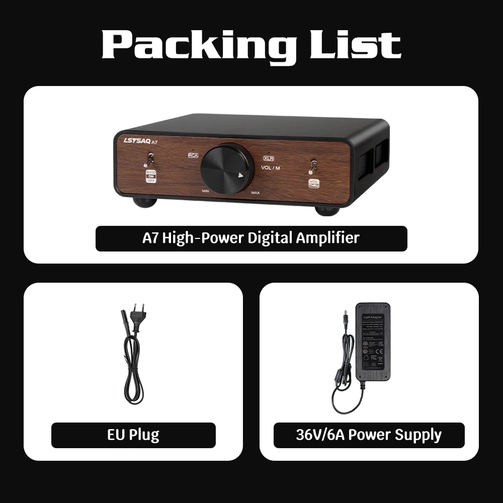 LSYSAQ A7 HiFi Digital Power Amplifier TPA3255 Dual Chip Stereo Class D Amp RCA XLR Input 250W×2 4Ω High Power Home Audio