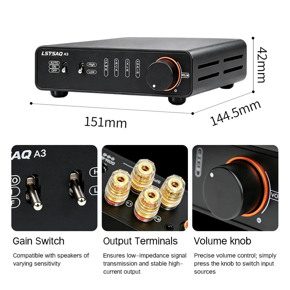 LSYSAQ A3 HiFi Stereo Digital Power Amplifier TPA3255 Class D Amp 250W×2 RCA XLR 6.35mm Input Desktop Audio Amplifier