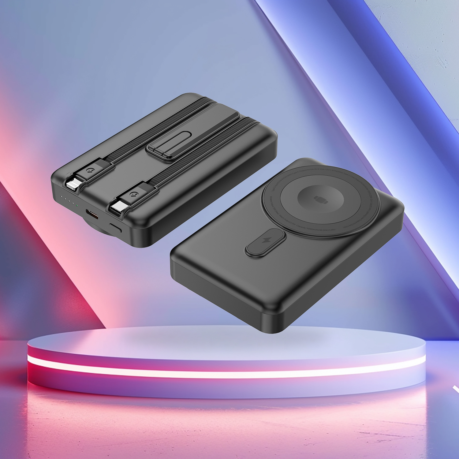 Magnetic Wireless Power Bank with Foldable Stand and Built-cables