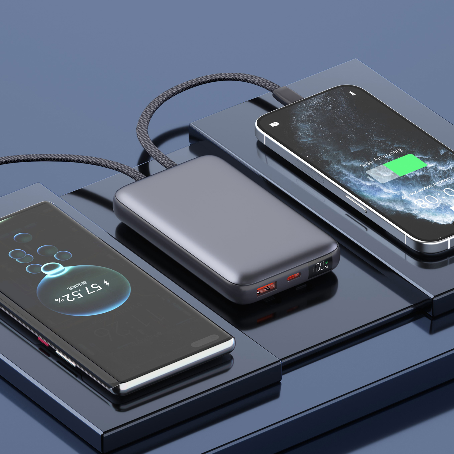 2025 Built-in Dual Braided Cable Power Bank with LED Display