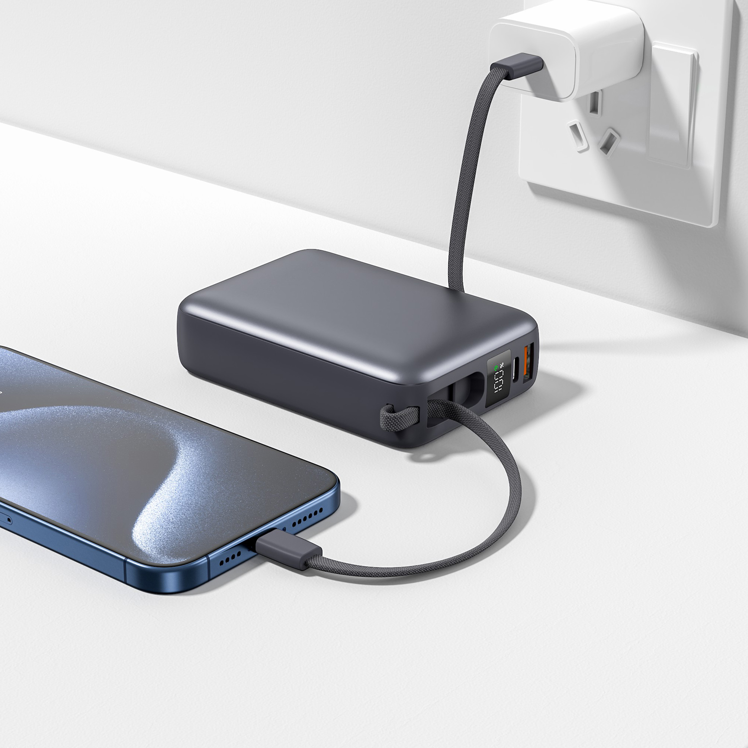 20000 mAh PD 20W Mini-Case Power Bank with Built-in Type-C Cable