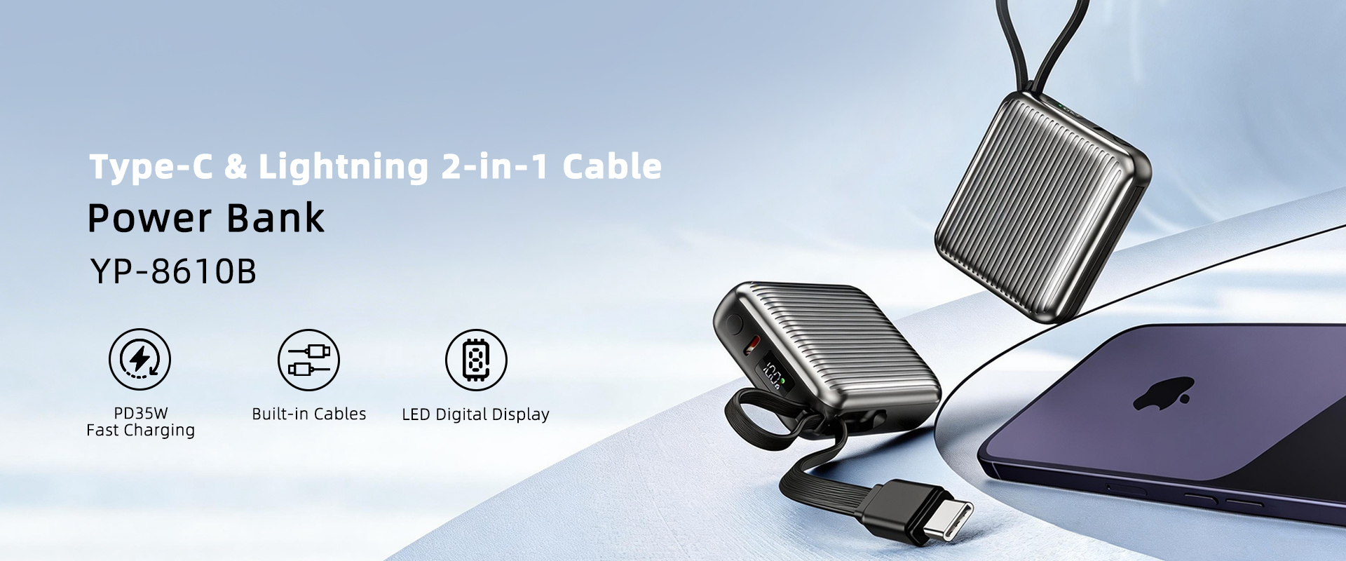 YP-8610B PD35W 10000mAh power bank integrated 2-in-1 cables