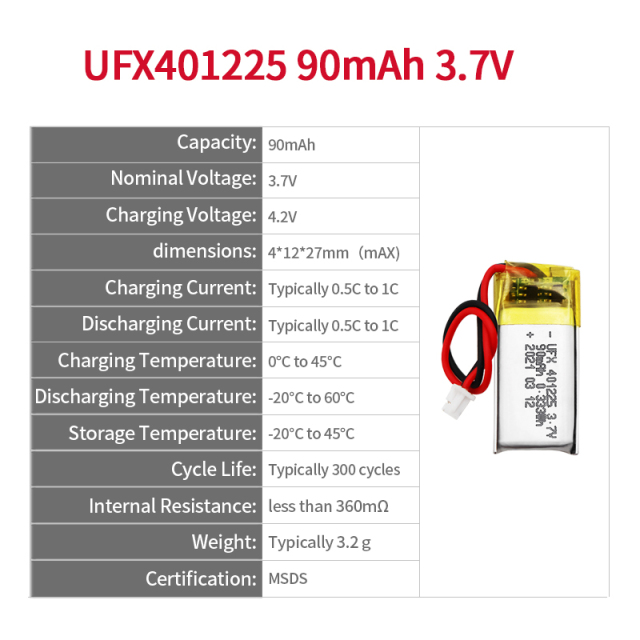UFX 401225 90mAh 3.7V-리튬 폴리머 셀 솔루션