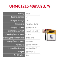 China Polymer Lithium-ion Cell Manufacturer Supply Children Toy Rechargeable Battery UFX 401215  40mAh 3.7V Li-ion Battery