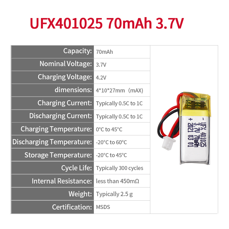 중국 리튬 이온 폴리머 배터리 제조업체 Bluetooth 헤드폰 배터리 도매 UFX 401025 70mAh 3.7V 미니 충전 배터리