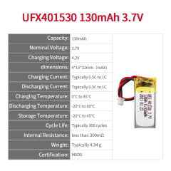 리튬이온 폴리머 셀 공장 전문적으로 맞춤형 독특한 모양의 배터리 제작 UFX 401530 130mAh 3.7V