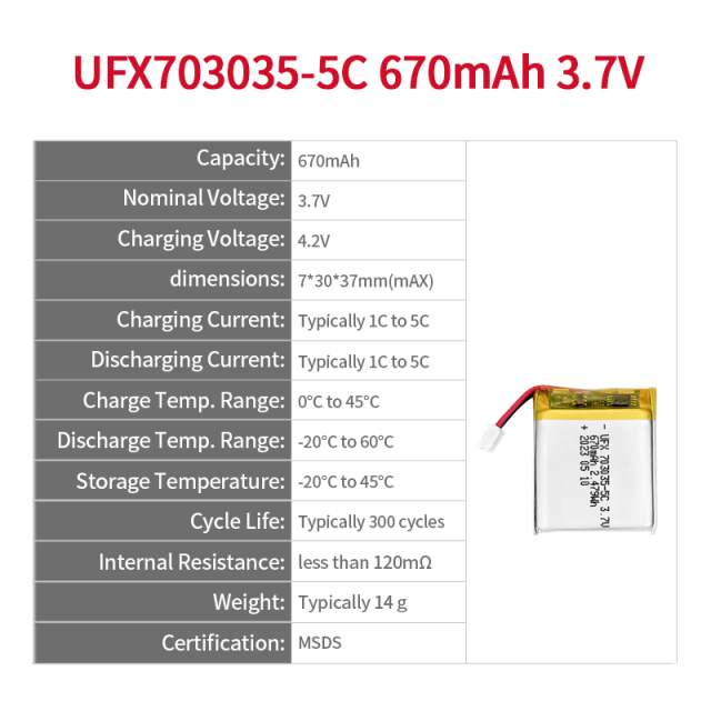 중국 리튬 이온 전지 제조업체 맞춤형 공기 청정기 배터리 UFX 654065-5C 1900mAh 3.7V 5C 방전 배터리 팩
