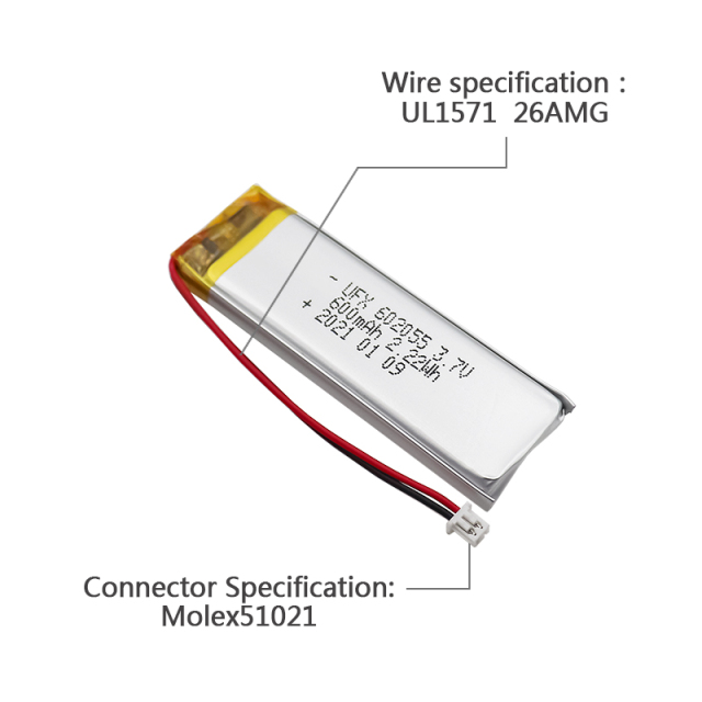 조명기구용 리튬이온 폴리머 배터리 공장 공급 배터리 UFX 602055 600mAh 3.7V 리튬폴리머 배터리
