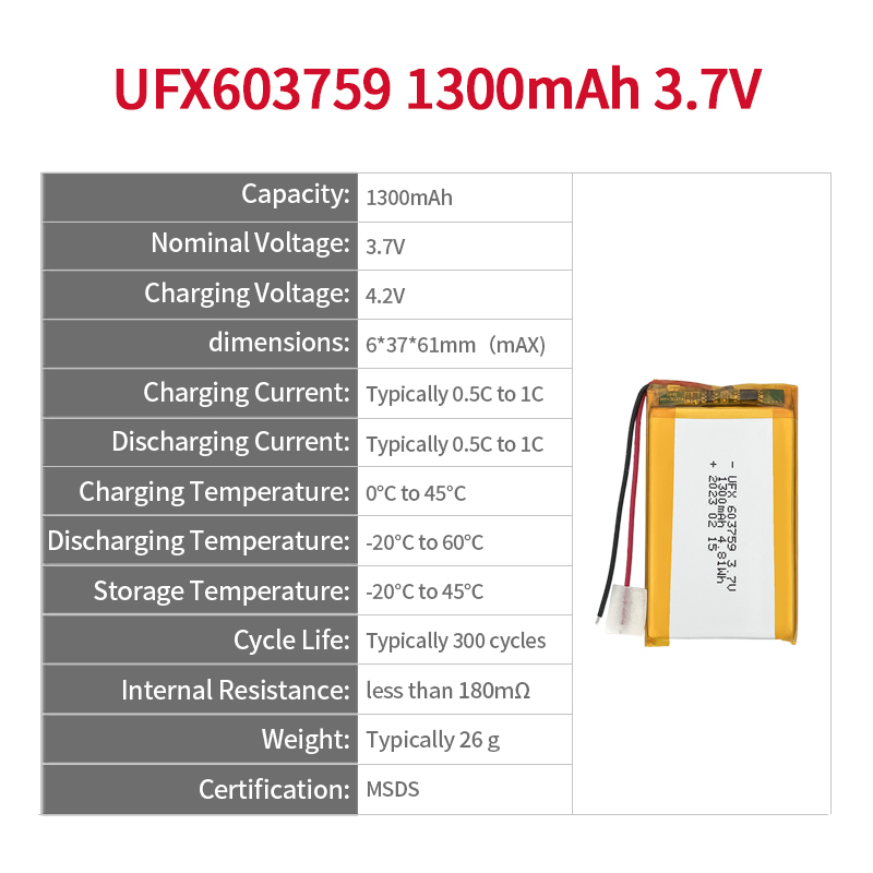 중국 리튬이온 배터리 제조업체 맞춤형 안마기 고압 배터리 UFX 603759 1300mAh 3.7V 프리미엄 충전 배터리