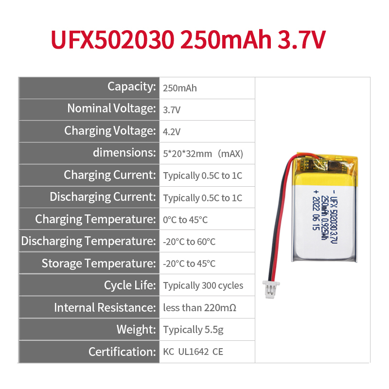 중국 리튬이온전지 공장 미용기 리튬이온전지 UFX 502030 1500mAh 3.7V 안전 리튬이온전지