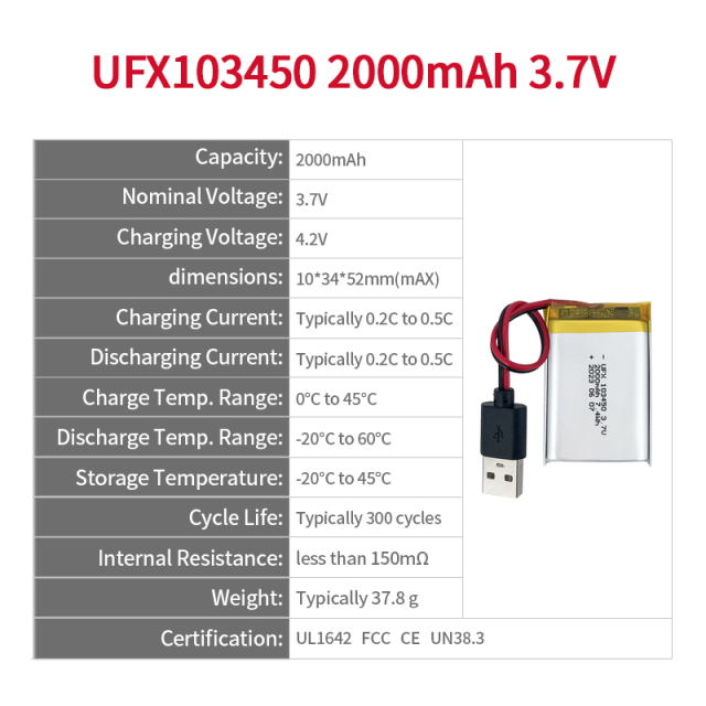 Polymer Lithium-ion Cell Manufacturer Wholesale Medical Wearable Equipment Rechargeable Battery UFX103450 2000mAh 3.7V Rechargeable Li-po Battery