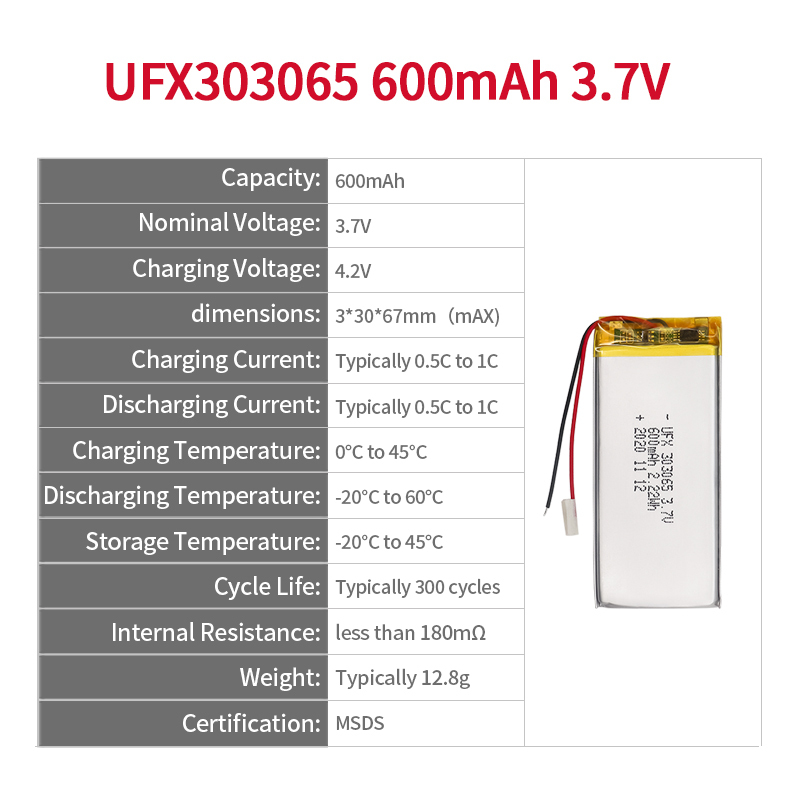China Polymer Li-ion Cell Manufacturer Wholesale Rechargeable Battery for Smart Table Lamp UFX 303065 600mAh 3.7V Lithium-ion Battery