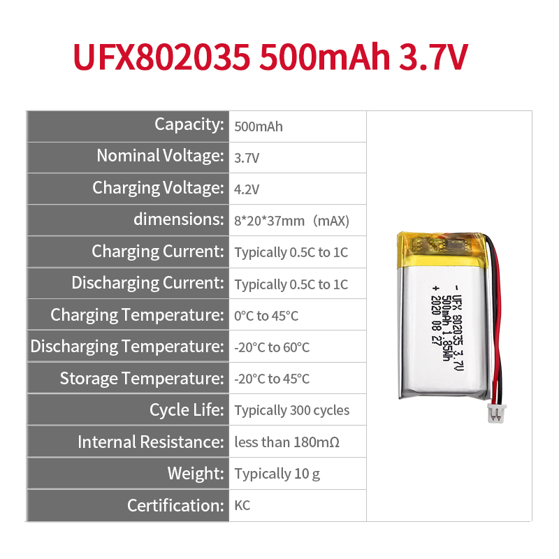 중국 리튬 이온 전지 제조업체 맞춤형 공기 청정기 배터리 UFX 654065-5C 1900mAh 3.7V 5C 방전 배터리 팩