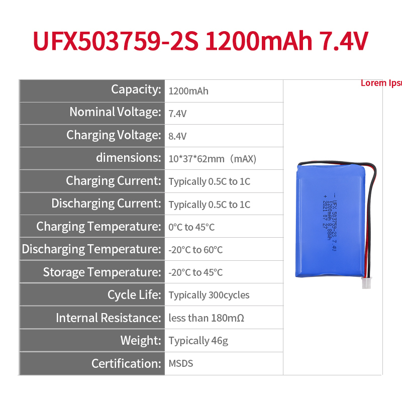 Manufactory OEM Vanity Mirror Battery UFX 503759-2S 1200mAh 7.4V Li-ion Battery Pack