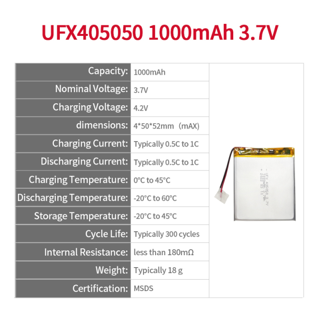 China Polymer Li-ion Cell Factory Produce Table Lamp Rechargeable Battery UFX 405050 1000mAh 3.7V Rechargeable Battery with KC CB UL Certification