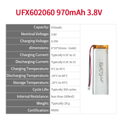 중국 리튬 이온 셀 공장 뷰티 기기용 고품질 충전식 배터리 생산 UFX 602060 970mAh 3.8V 리포 배터리 팩