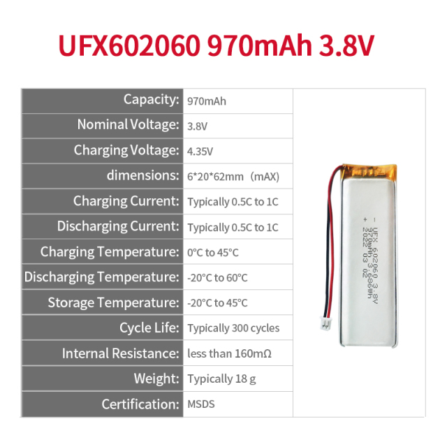 중국 리튬 이온 셀 공장 뷰티 기기용 고품질 충전식 배터리 생산 UFX 602060 970mAh 3.8V 리포 배터리 팩