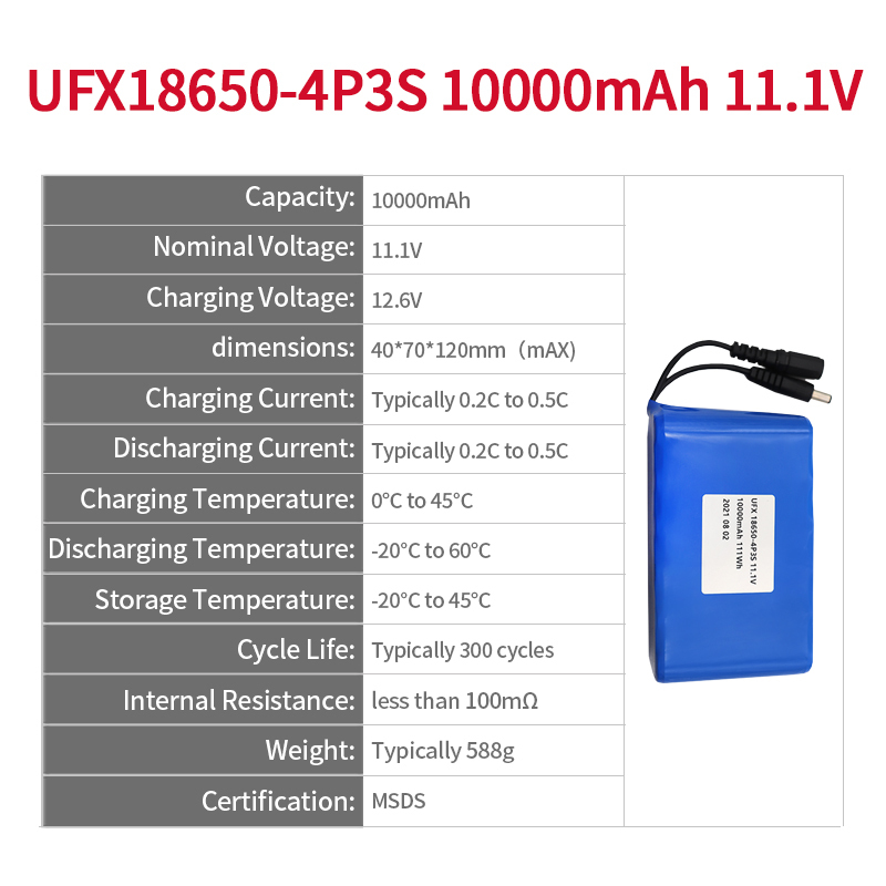 중국 리튬 이온 셀 제조업체 의료장비용 인기 상품 배터리 UFX 18650-4P3S 10000mAh 11.1V 리튬 이온 배터리 팩