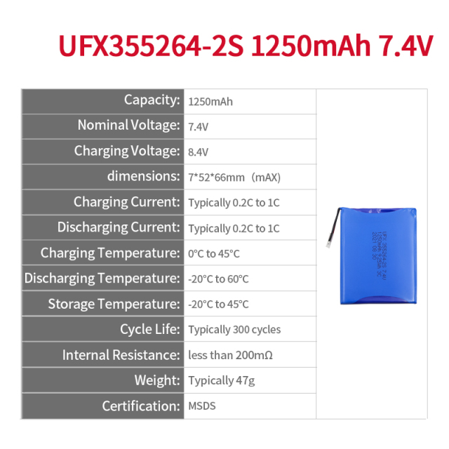 리튬 셀 공장 스마트 홈 충전식 배터리 공급 UFX 355264-2S 1250mAh 7.4V 안전 리포 배터리