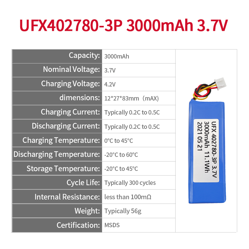 China Lipo Cell Manufacturer Custom for Massager High Voltage Battery UFX 402780-3P 3000mAh 3.7V High Quality Rechargeable Battery