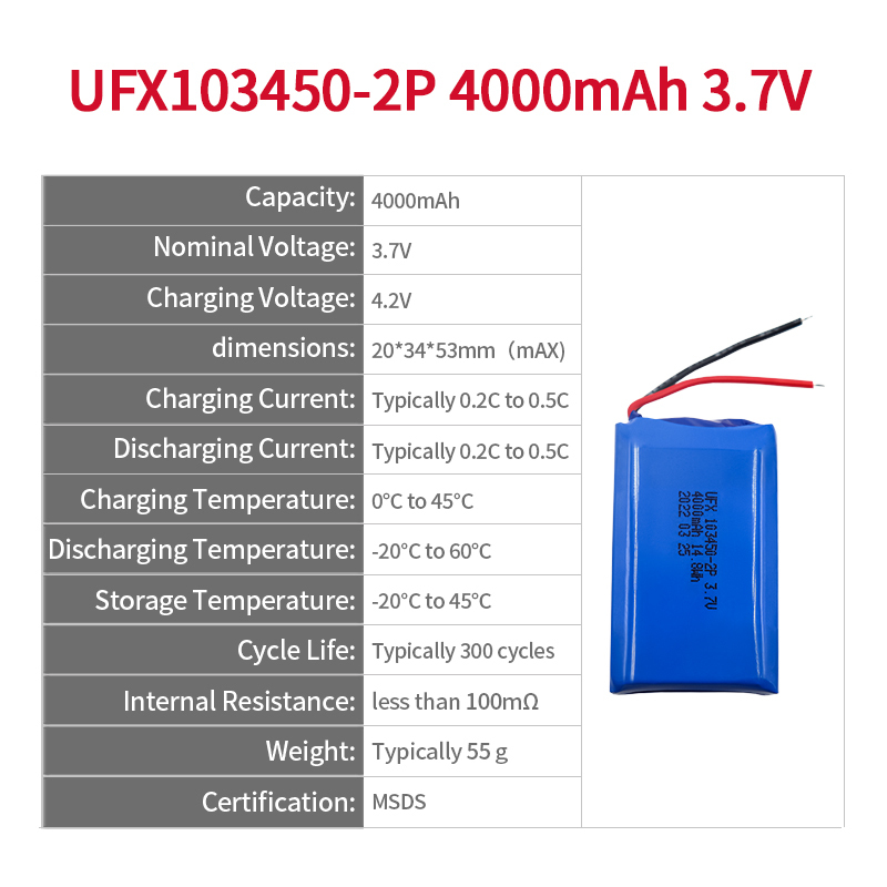 전문 리튬 이온 전지 제조업체 전문 맞춤형 의료장비 배터리 UFX 103450-2P 4000mAh 3.7V 충전식 리튬 폴리머 배터리