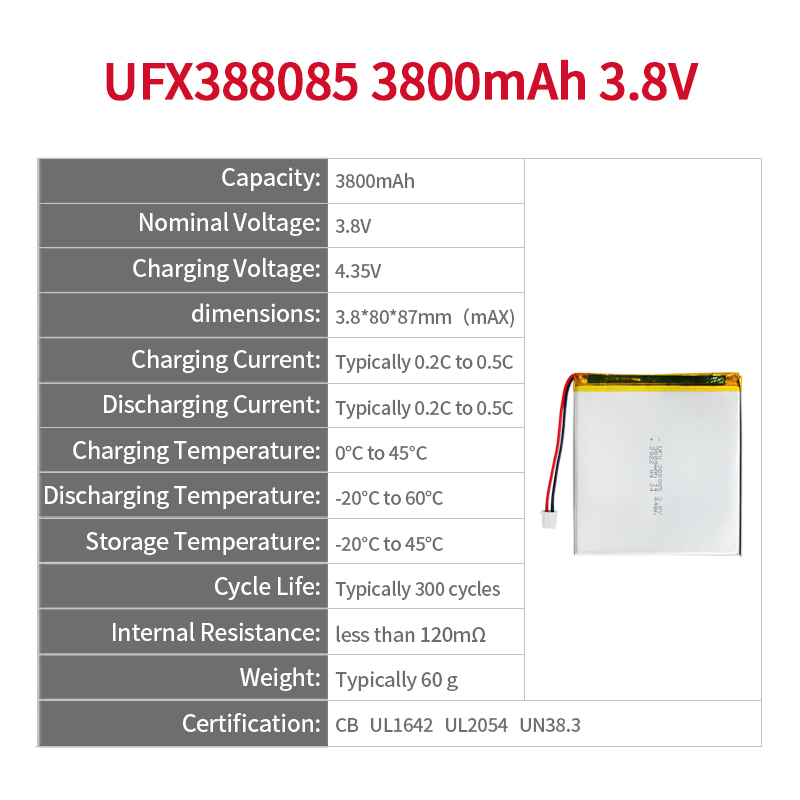 중국 리포 셀 공장 대용량 태블릿 PC 배터리 생산 UFX 388085 3800mAh 3.8V 충전식 리튬 폴리머 배터리 팩