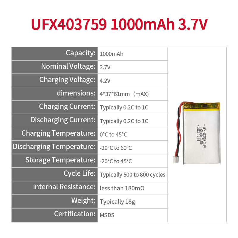 중국 리튬 이온 전지 제조업체 맞춤형 공기 청정기 배터리 UFX 654065-5C 1900mAh 3.7V 5C 방전 배터리 팩