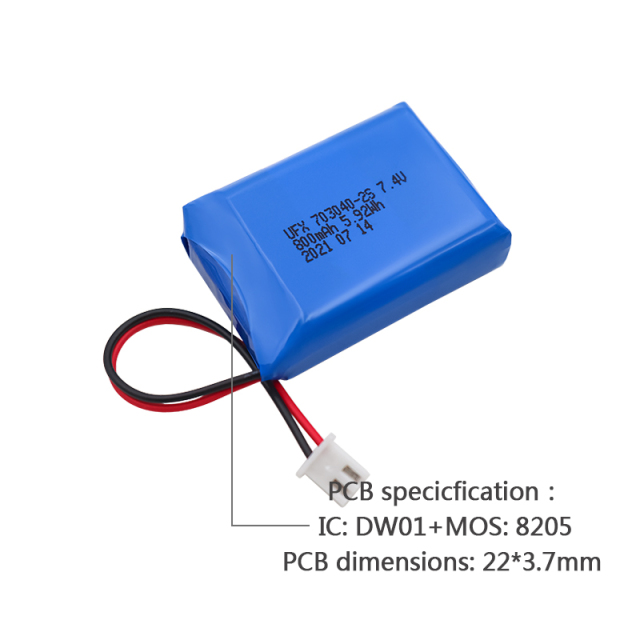 리튬이온 폴리머 셀 제조업체 조명 장치용 충전식 배터리 생산 UFX 703040-2S 800mAh 7.4V 충전식 리튬 폴리머 배터리 팩