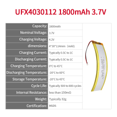 China Lipo Cell Manufacturer Customized Heated Device Battery UFX 4030112 1800mAh 3.7V Li-ion Battery