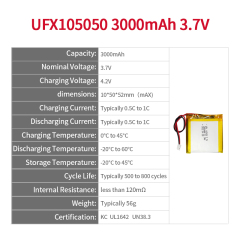 리튬 이온 전지 제조 E-카드용 맞춤형 초박형 배터리 UFX 105050 3000mAh 3.7V 리튬 이온 폴리머 배터리 팩