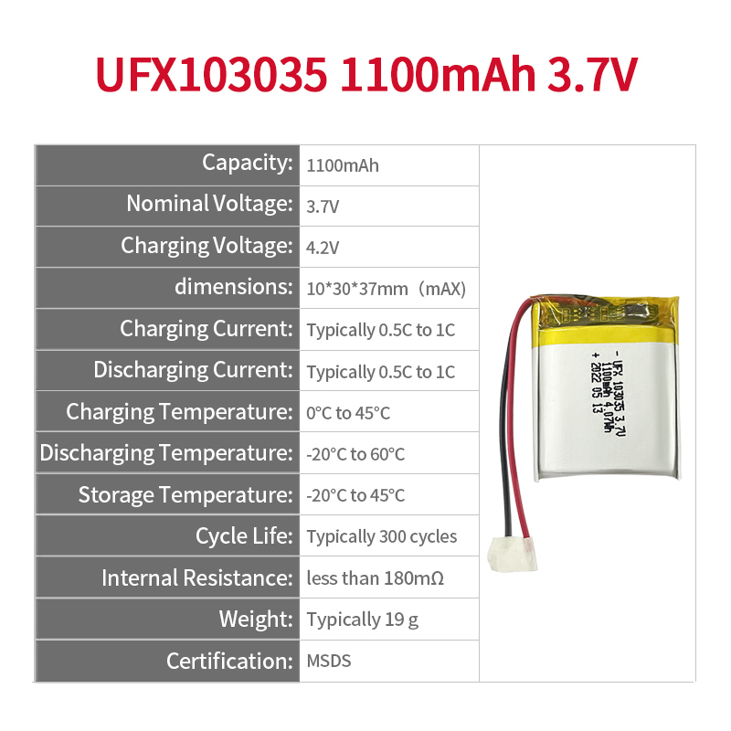중국 리튬 이온 전지 제조업체 맞춤형 공기 청정기 배터리 UFX 103035 1100mAh 3.7V  방전 배터리 팩