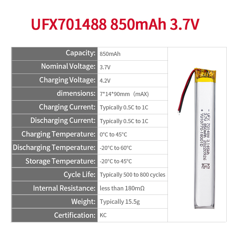 China Lipo Cell Manufacturer Custom for Massager High Voltage Battery UFX 701488 850mAh 3.7V High Quality Rechargeable Battery