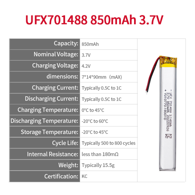 China Lipo Cell Manufacturer Custom for Massager High Voltage Battery UFX 701488 850mAh 3.7V High Quality Rechargeable Battery