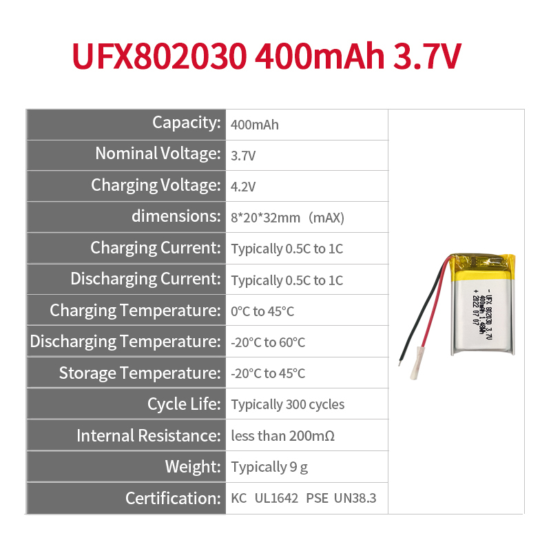 중국 리튬 이온 셀 공장 맞춤형 지문인식 잠금장치용 배터리 UFX 802030 400mAh 3.7V 충전식 Li-po 배터리
