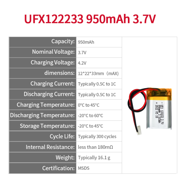 중국 리튬 이온 전지 제조업체 맞춤형 공기 청정기 배터리 UFX 122233 950mAh 3.7V  방전 배터리 팩