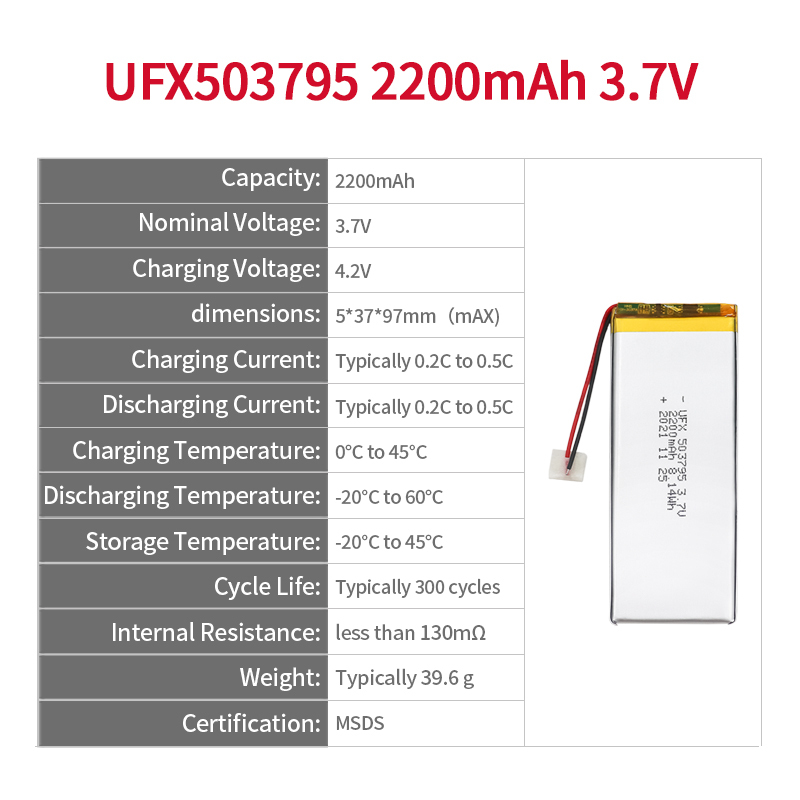 전문 리튬 이온 셀 공장 조명용 전지를 공급하다 UFX 503795 2200mAh 3.7V 충전식 전지