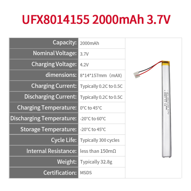 충전식 리튬이온 셀 제조업체 OEM 아름다움 계기 건전지 UFX 8014155 2000mAh 3.7V 리튬 이온 폴리머 배터리 팩