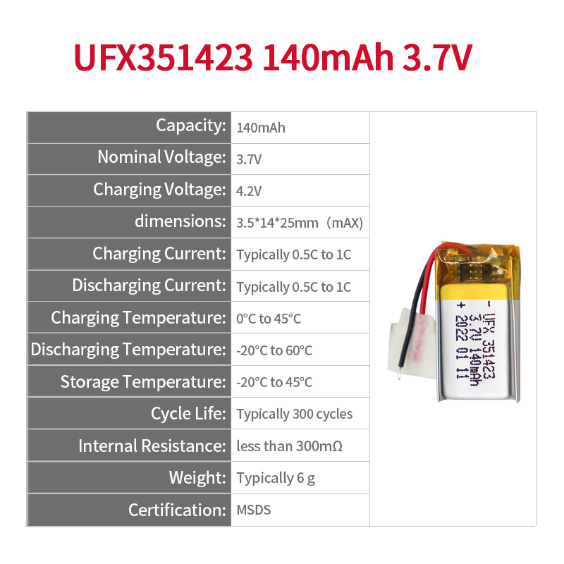 중국 리튬이온 폴리머 전지 공장 도매 전동 칫솔 배터리 UFX 351423 140mAh 3.7V 미니 리튬 폴리머 배터리
