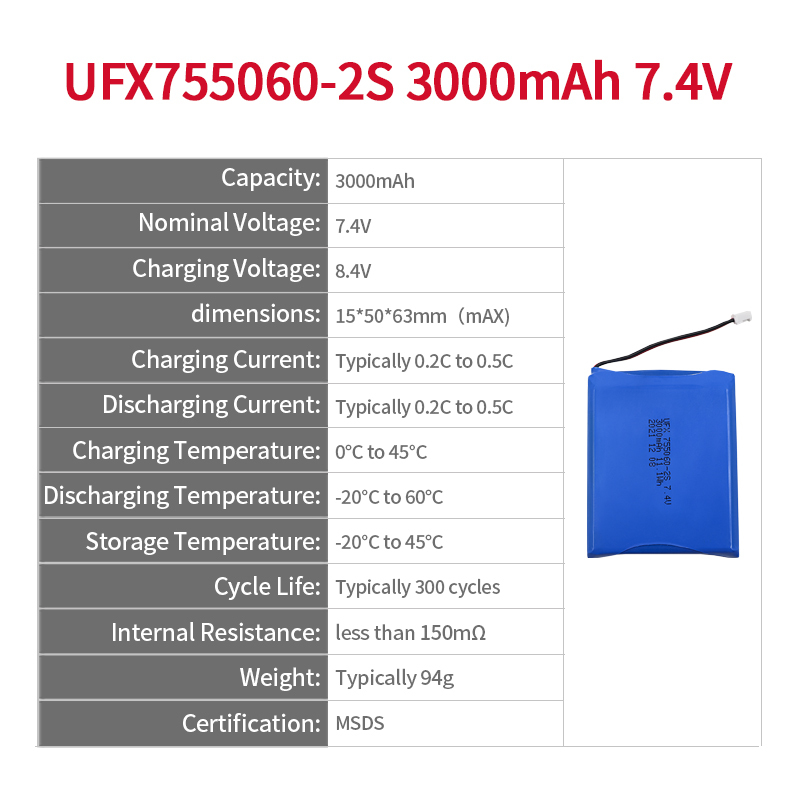 Lithium-ion Rechargeable Cell Factory Wholesale Digital Device Lipo Battery UFX 755060-2S 3000mAh 7.4V Safety Lipo Battery