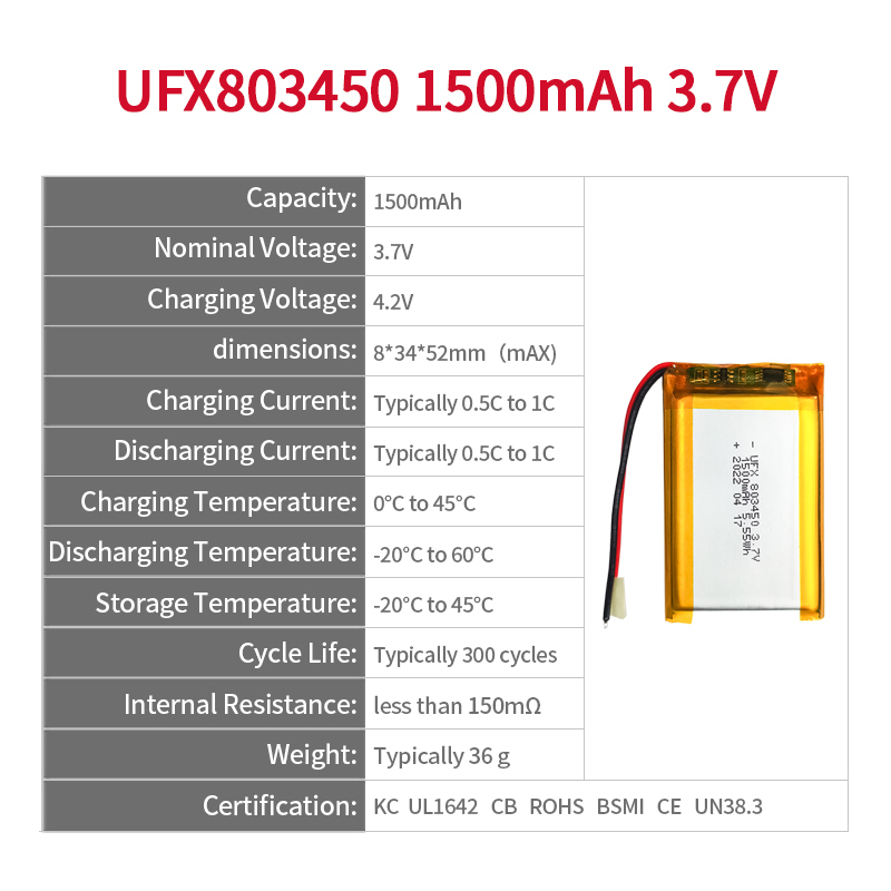 중국 폴리머 리튬이온 셀 제조업체 테이블 램프 충전식 배터리 생산 UFX 803450 1500mAh 3.7V 리튬 이온 폴리머 배터리 팩