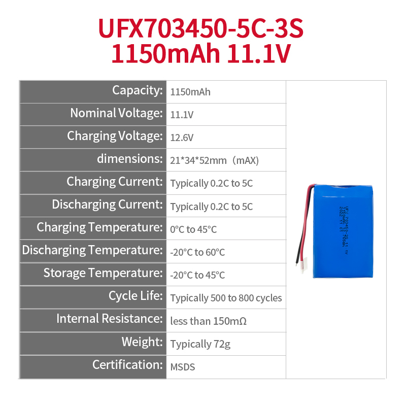 리튬 폴리머 배터리 제조업체 맞춤형 전기 공구 배터리 UFX 703450-3S 11.1V 1150mAh 5C 방전 배터리 팩