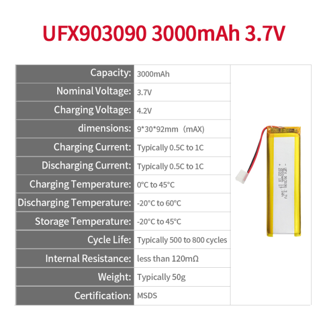China Polymer Lithium-ion Cell Manufacturer Hot Selling Batteries for Medical Equipment UFX903090 3000mAh 3.7V Rechargeable Li-po Battery